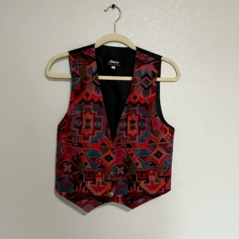 Marcia hand crafted Women's Vibrant Red and Blue Patterned Vest